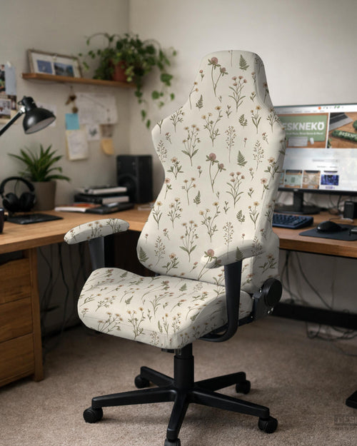 Cream chair cover with a floral botanical print shown as multiple cover options for gaming chairs and office chairs.