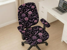 Desk chair cover design with pink roses, small bats, moons, pearls, and ribbon details on a black background.