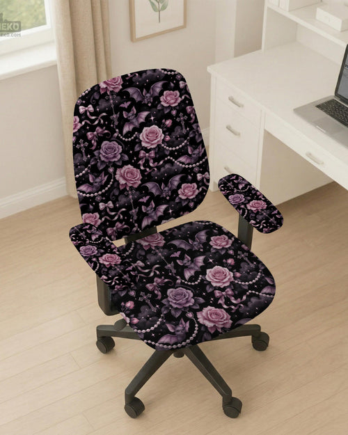 Desk chair cover design with pink roses, small bats, moons, pearls, and ribbon details on a black background.