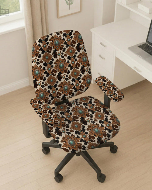 Office chair cover options in a western cowgirl cow print design with cream contrast, dark floral shapes, and turquoise accents.
