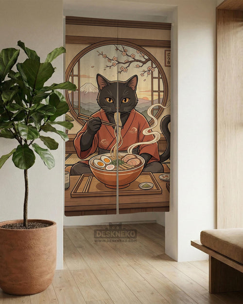 A decorative door curtain with a black cat design, cherry blossoms, and warm neutral background tones.