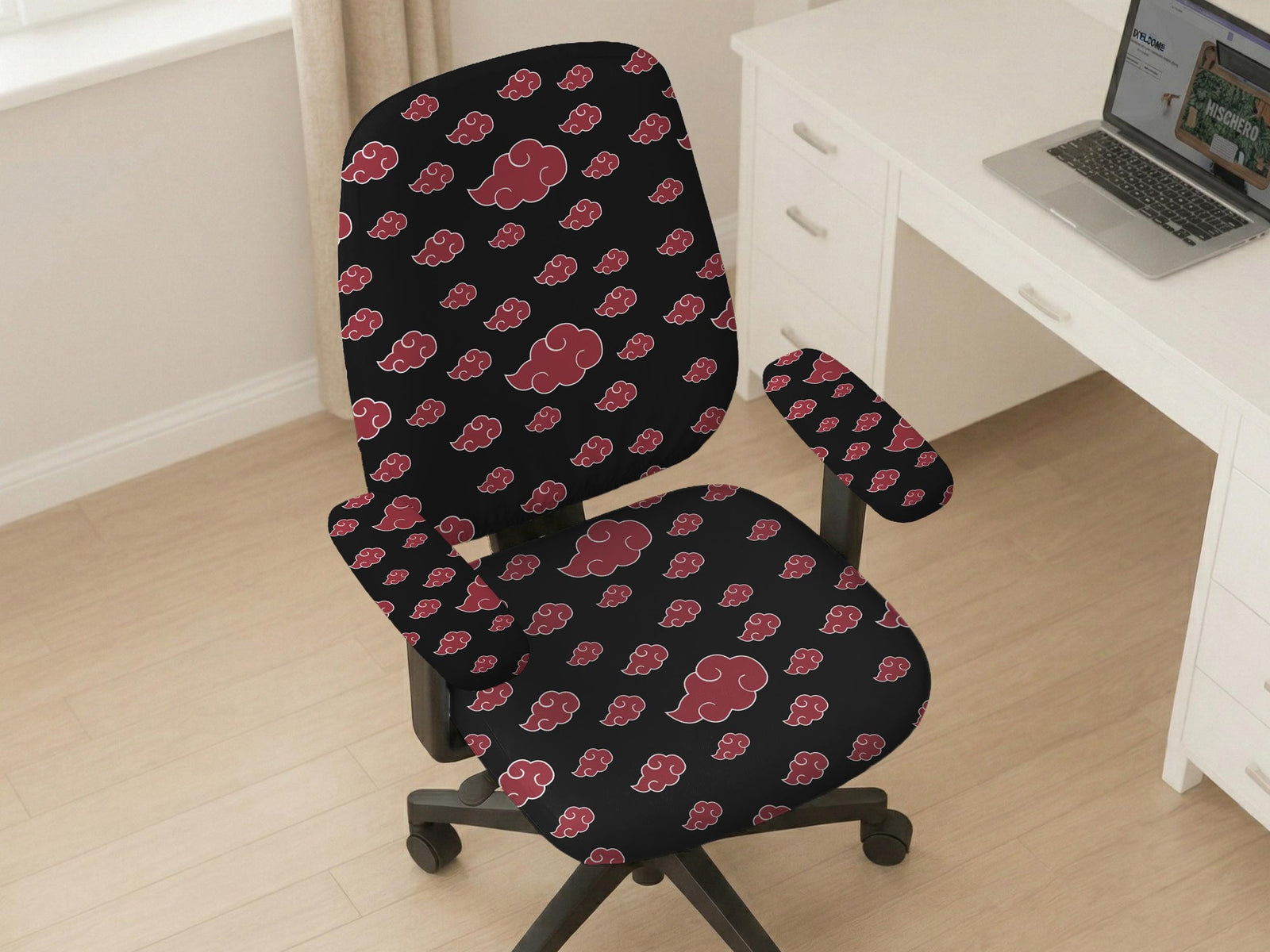 A dark red chair cover with a repeating cloud pattern shown on a desk chair, with armrest and back coverage options.