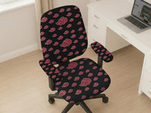 A dark red chair cover with a repeating cloud pattern shown on a desk chair, with armrest and back coverage options.