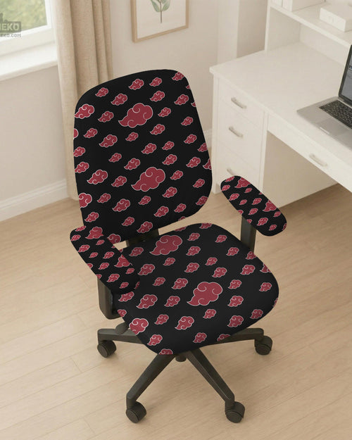A dark red chair cover with a repeating cloud pattern shown on a desk chair, with armrest and back coverage options.