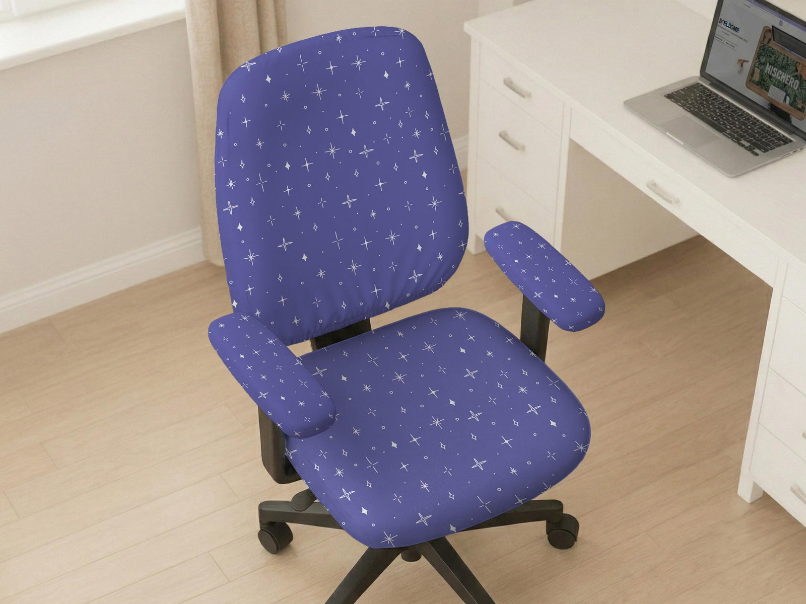 Lavender desk chair cover with a small star pattern, shown as multiple cover style options including all-over, back-and-seat, seat-only, and armrest-only versions.