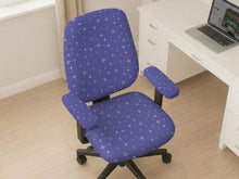 Lavender desk chair cover with a small star pattern, shown as multiple cover style options including all-over, back-and-seat, seat-only, and armrest-only versions.