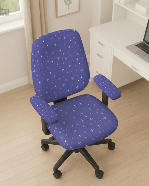 Lavender desk chair cover with a small star pattern, shown as multiple cover style options including all-over, back-and-seat, seat-only, and armrest-only versions.