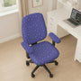 Lavender desk chair cover with a small star pattern, shown as multiple cover style options including all-over, back-and-seat, seat-only, and armrest-only versions.