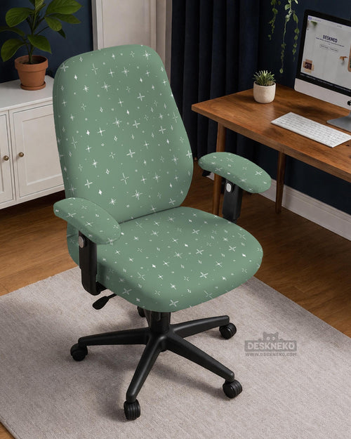 A sage green desk chair cover with a small white star pattern shown on a chair.