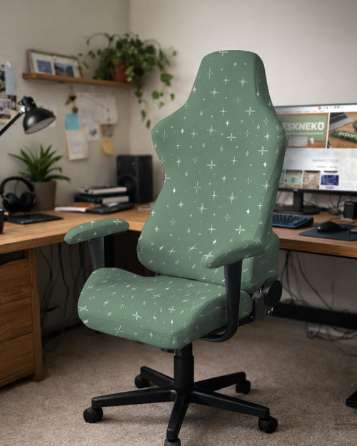 A sage green chair cover with a small white star pattern shown on a high back office or gaming chair.