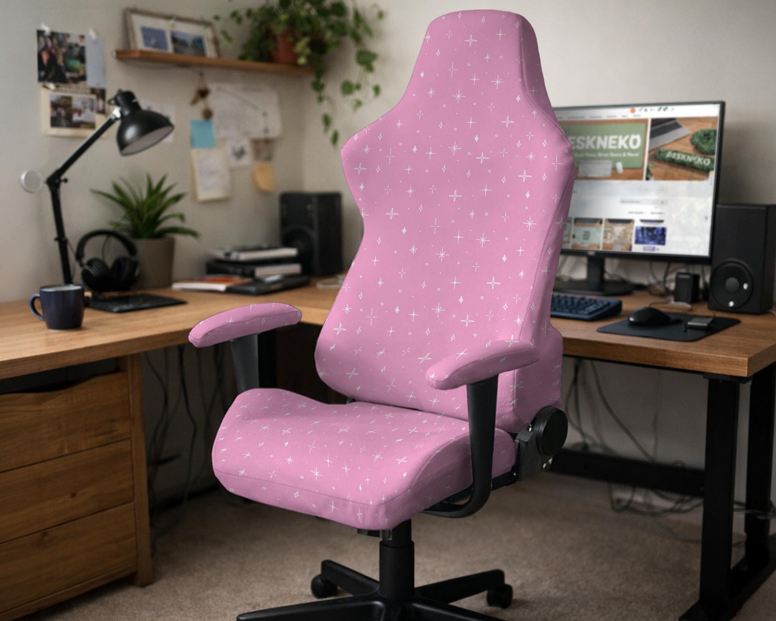 Pink chair cover with a small white star pattern shown on a high-back chair.