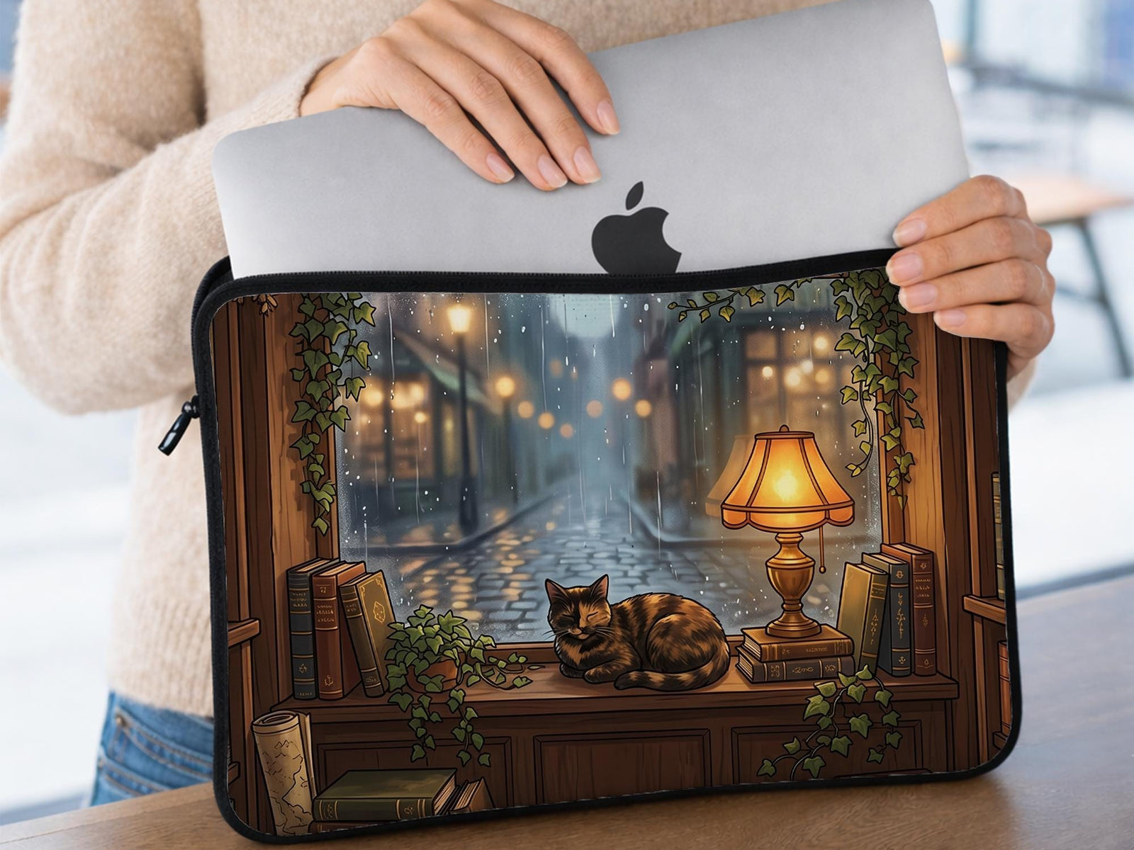 Laptop sleeve with a dark academia illustration showing a curled-up cat, rain-streaked window, glowing lamp, wooden shelves, stacked books, and ivy details.