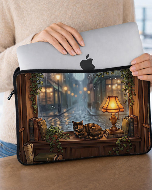 Laptop sleeve with a dark academia illustration showing a curled-up cat, rain-streaked window, glowing lamp, wooden shelves, stacked books, and ivy details.