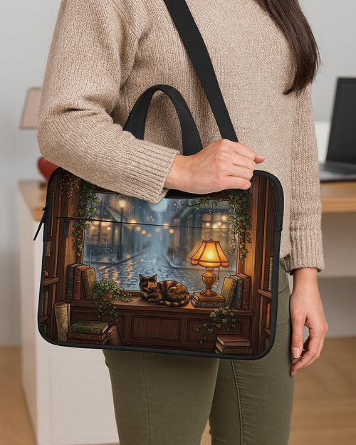 Laptop bag and sleeve design with a rainy window, glowing desk lamp, sleeping cat, trailing ivy, and shelves of vintage books in a dark academia style.