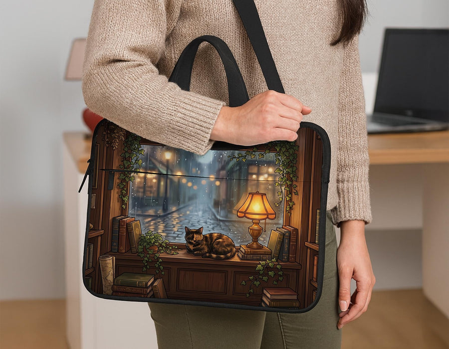 Laptop bag and sleeve design with a rainy window, glowing desk lamp, sleeping cat, trailing ivy, and shelves of vintage books in a dark academia style.