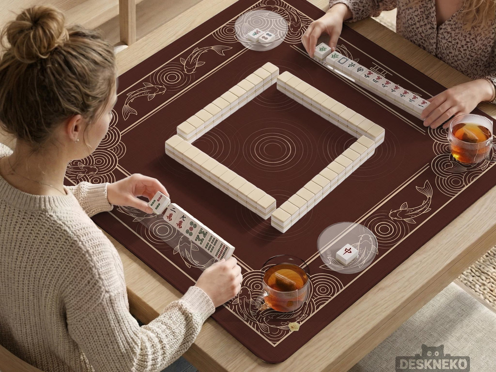 Square brown mahjong table mat with a koi fish border, wave details around the edges, and an open center area.