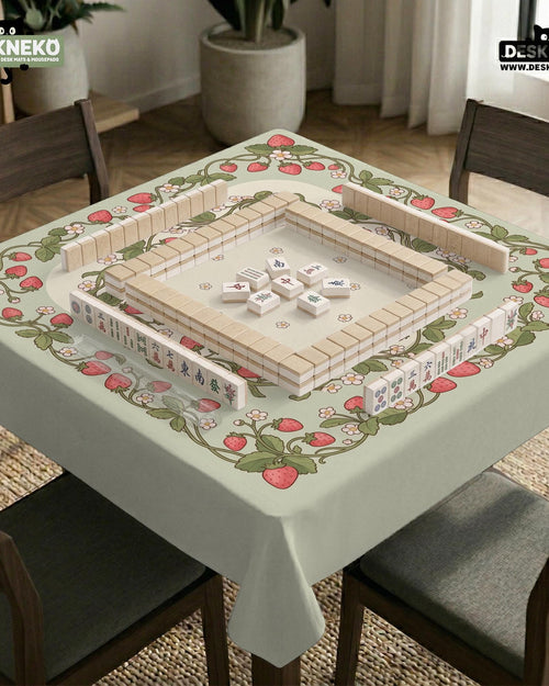 Square sage green mahjong mat with a strawberry vine border, small floral details, and an open center area.