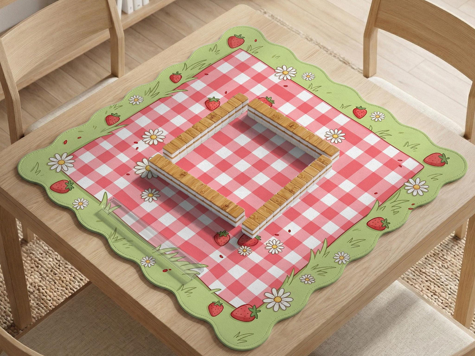 Pink checkered mahjong mat with strawberry and daisy illustrations on a light background.