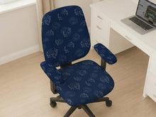 A navy blue desk chair cover with a koi fish print shown on a swivel chair with armrests.