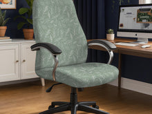 Office chair cover in muted sage green with a light leaf pattern on a white background.