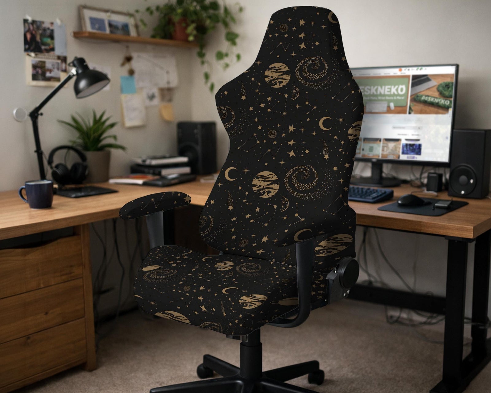 Black and gold galaxy print chair covers shown as full chair cover, back-and-seat cover, seat-only cover, and armrest-only cover options.