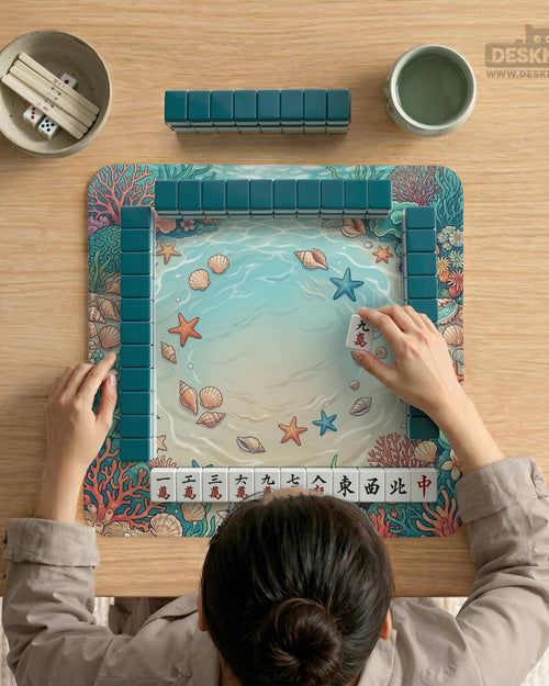 Square mahjong mat with coastal seashell artwork featuring coral, starfish, scallops, and aqua water colors around a lighter center area.