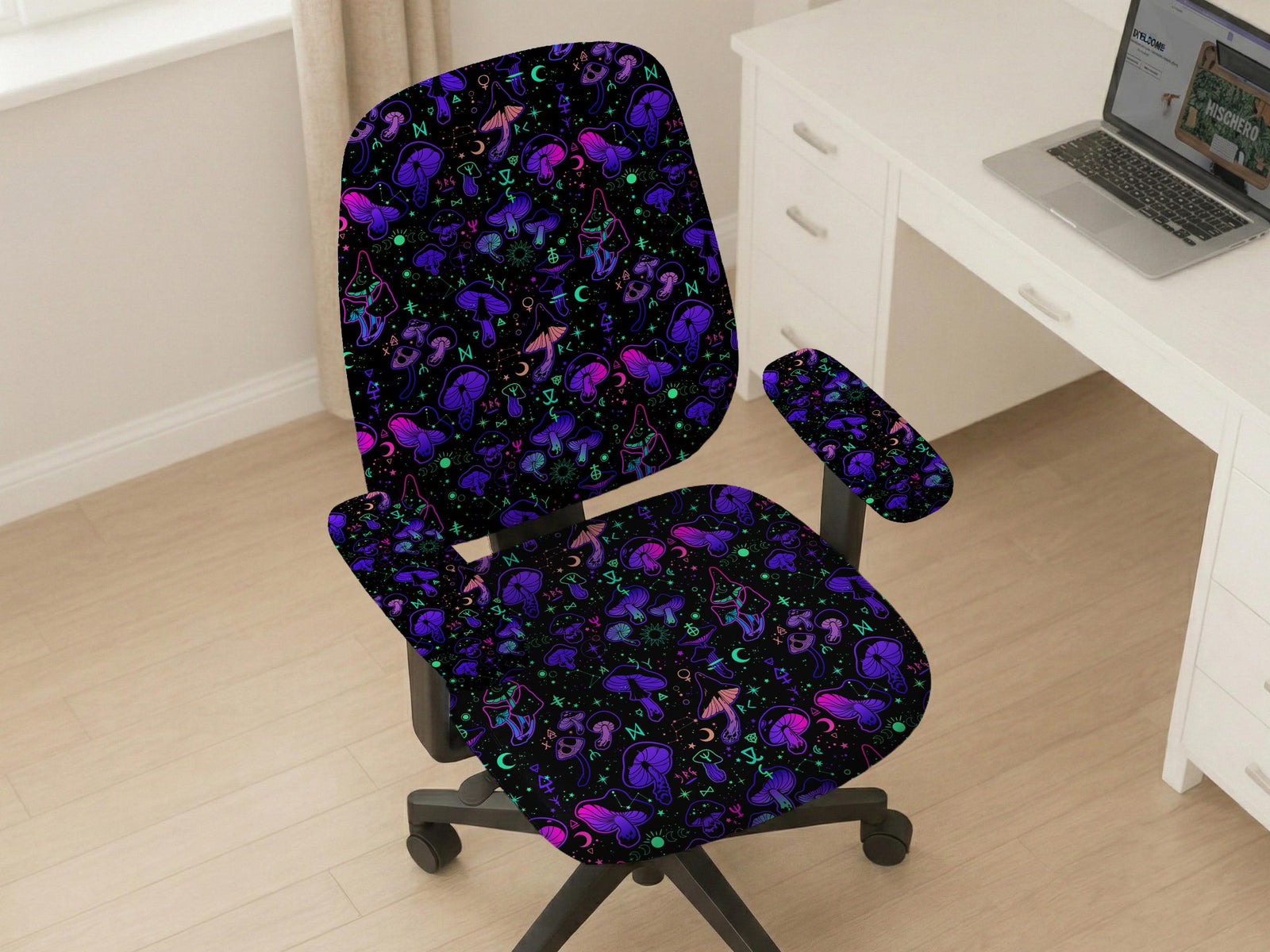 Black chair cover with purple mushrooms, teal accents, moons, stars, and small occult-style icons.