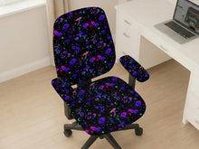 Black chair cover with purple mushrooms, teal accents, moons, stars, and small occult-style icons.
