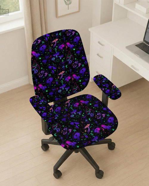 Black chair cover with purple mushrooms, teal accents, moons, stars, and small occult-style icons.