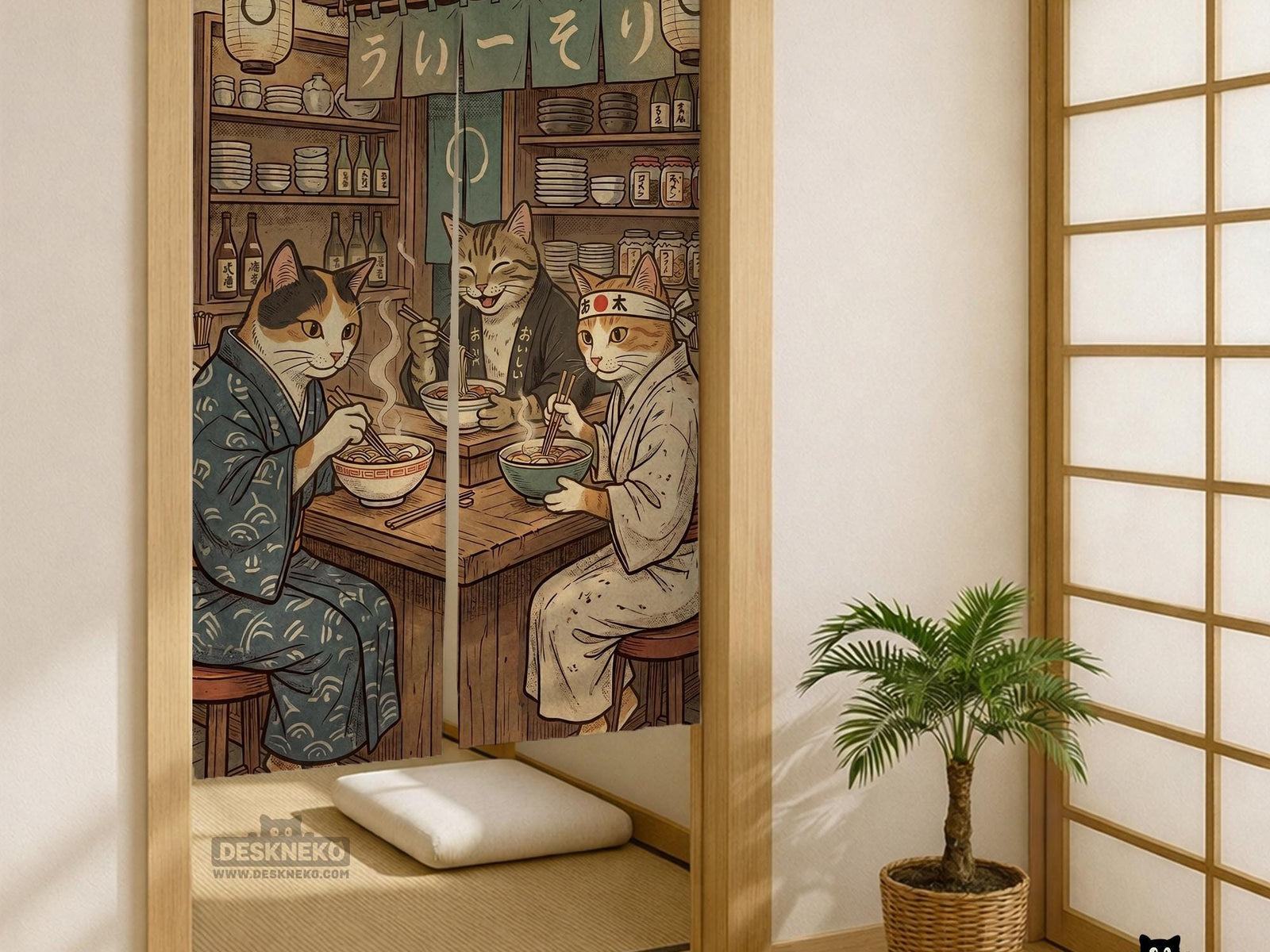 A split-panel Japanese noren curtain showing a ramen shop scene with three cats, warm lantern light, and vintage-style artwork in beige, muted teal, and brown tones.
