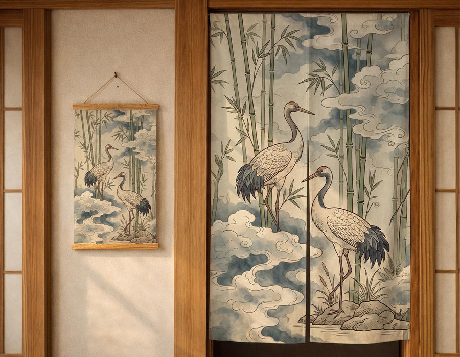 Noren door curtain with a crane and bamboo design, muted blue clouds, and warm neutral tones. The listing also shows wall tapestry and wall scroll options.