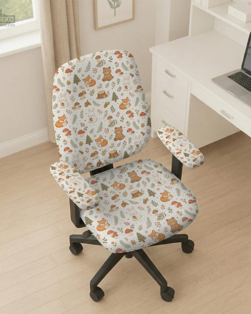 Desk chair cover options with a cute forest print featuring foxes, bunnies, mushrooms, leaves, acorns, and soft neutral colors.