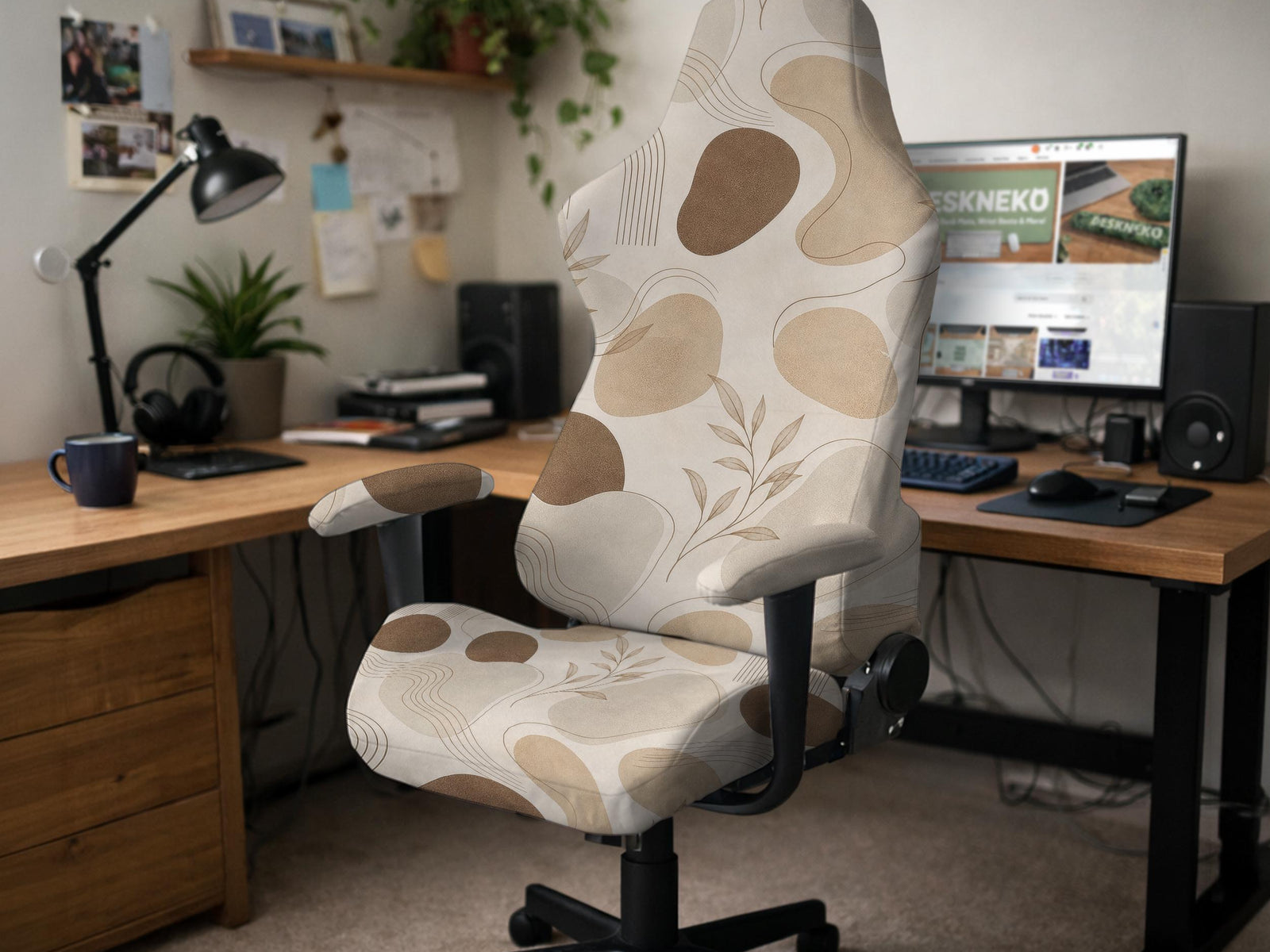 Beige and cream chair cover with an abstract boho pattern shown on a high-back gaming or office chair.