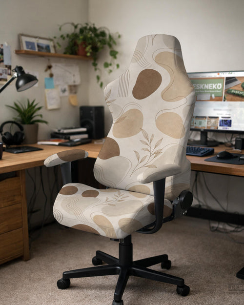 Beige and cream chair cover with an abstract boho pattern shown on a high-back gaming or office chair.