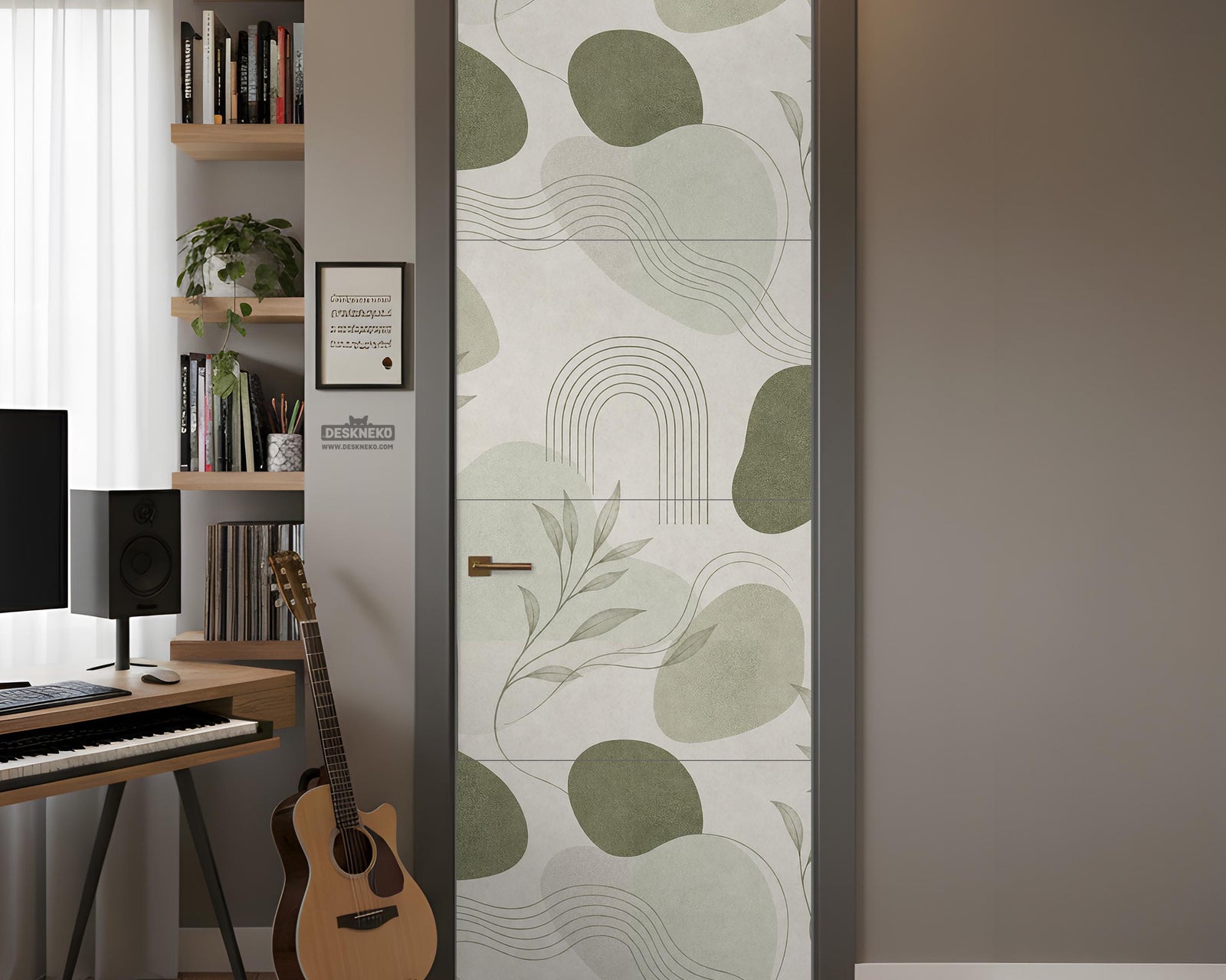 A set of muted sage acoustic panels with abstract organic shapes and fine botanical linework arranged in a modular layout.
