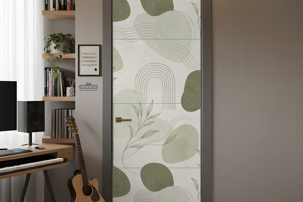 A set of muted sage acoustic panels with abstract organic shapes and fine botanical linework arranged in a modular layout.