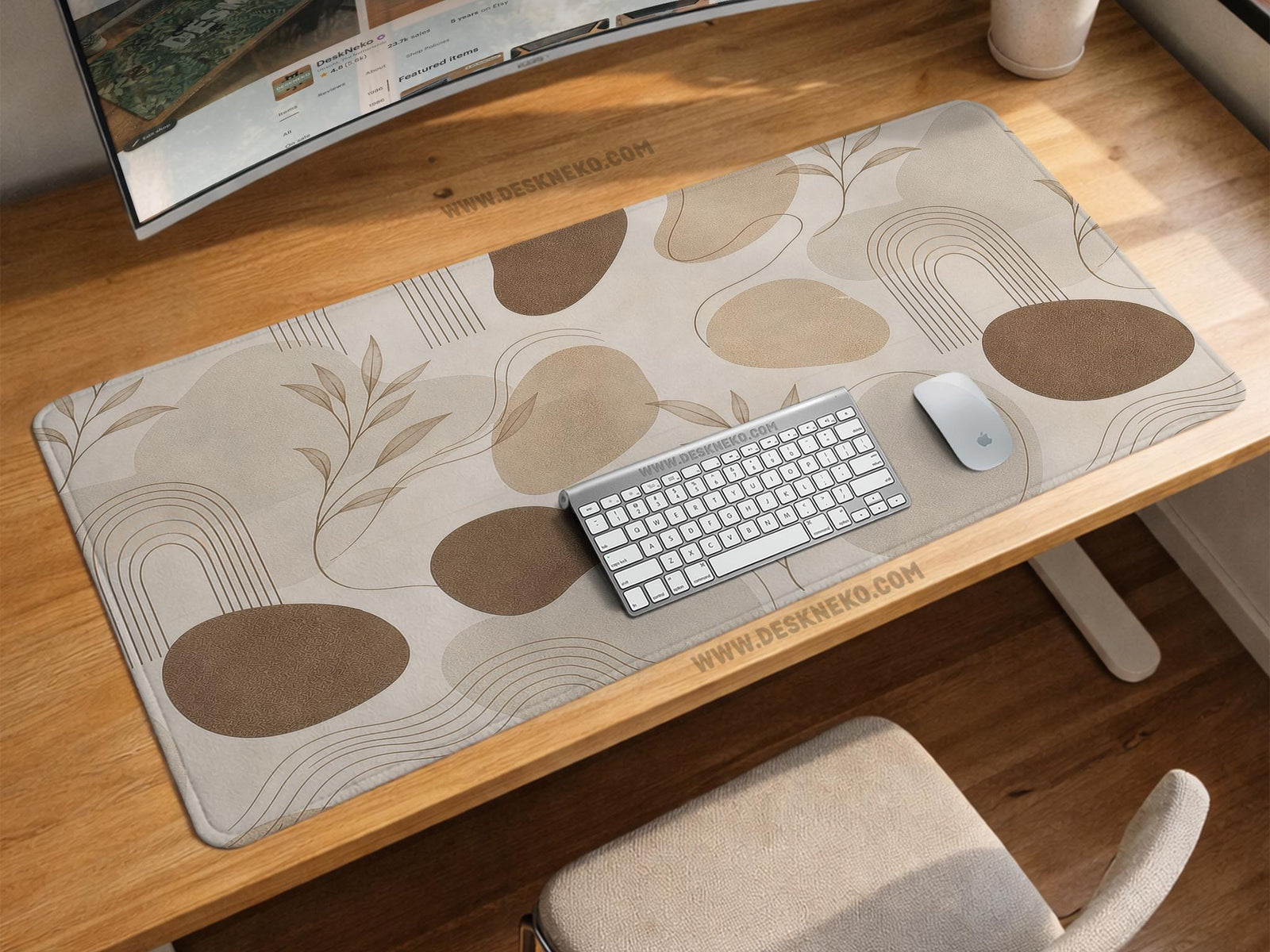 Cream and beige abstract botanical pattern on a desk mat and mousepad in multiple size options.
