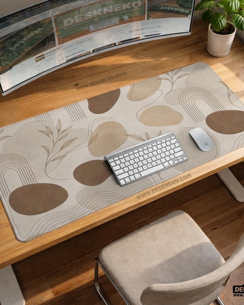 Cream and beige abstract botanical pattern on a desk mat and mousepad in multiple size options.