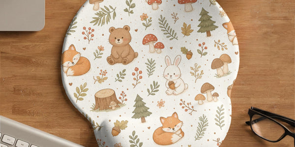 Cream mouse pad and keyboard wrist rest with a cottagecore forest animal pattern including foxes, bears, bunnies, mushrooms, and leafy branches.