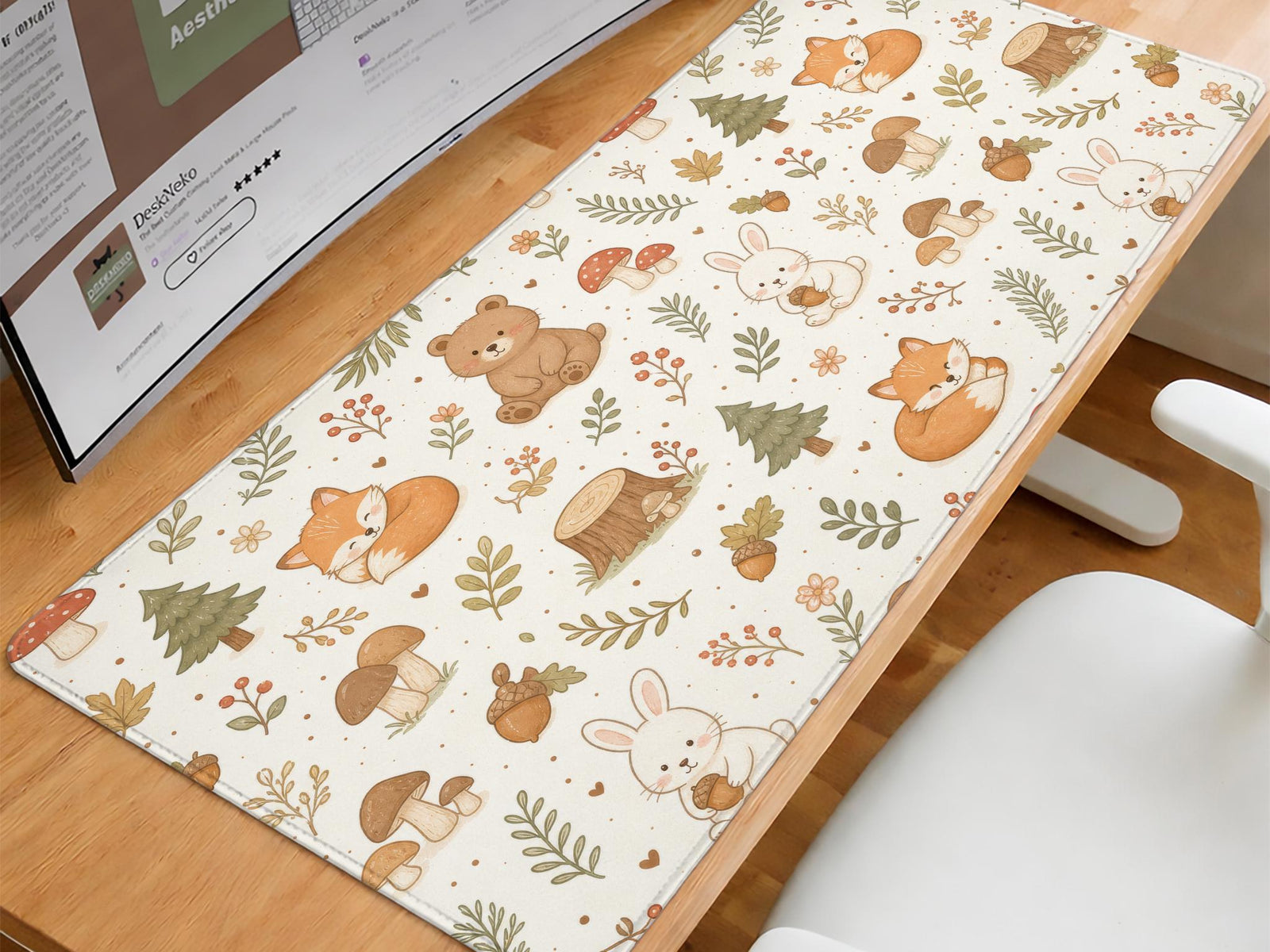 Cream desk mat with a woodland pattern of foxes, rabbits, mushrooms, acorns, berries, and leaves on a light background.