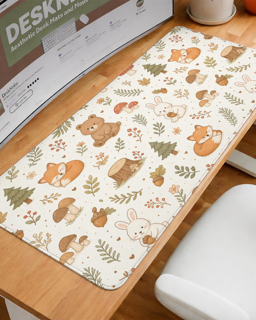 Cream desk mat with a woodland pattern of foxes, rabbits, mushrooms, acorns, berries, and leaves on a light background.