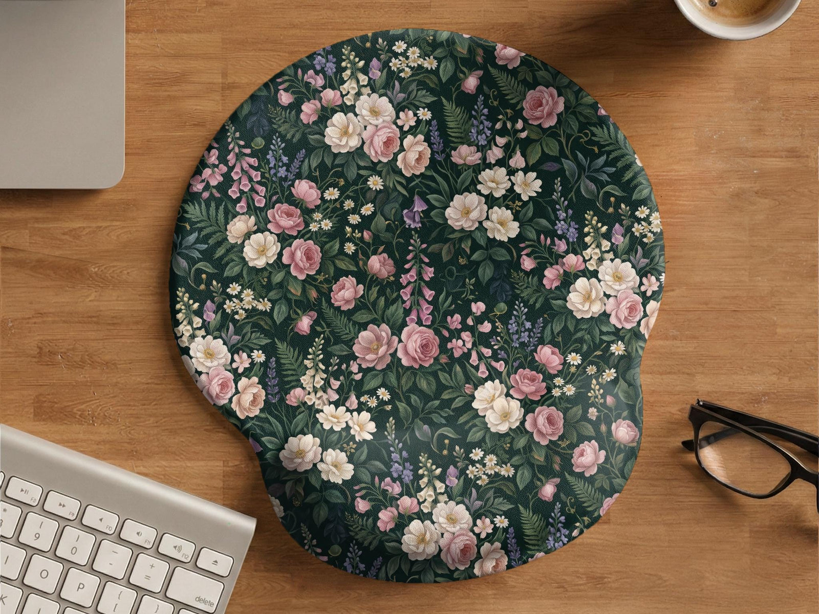Dark green mouse pad with a vintage botanical print, featuring cream flowers, blush roses, small purple flowers, and green leaves.