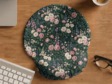 Dark green mouse pad with a vintage botanical print, featuring cream flowers, blush roses, small purple flowers, and green leaves.