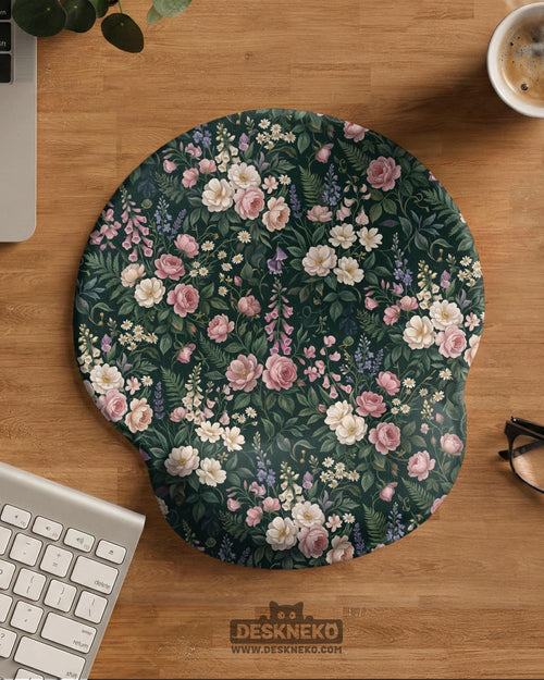 Dark green mouse pad with a vintage botanical print, featuring cream flowers, blush roses, small purple flowers, and green leaves.