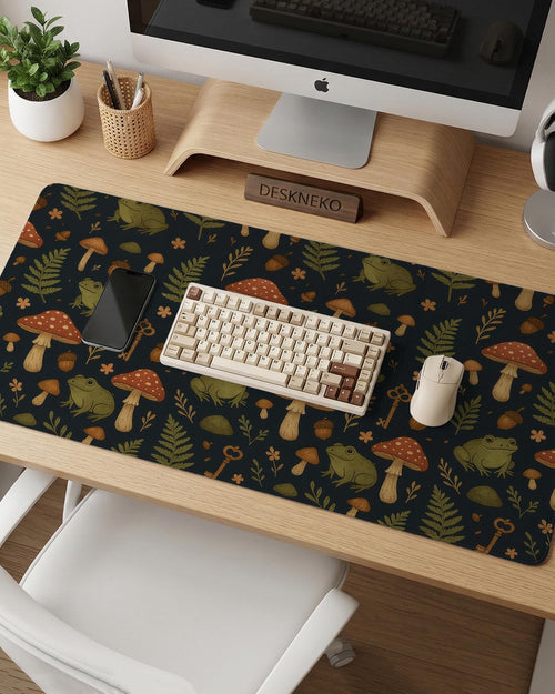 Dark botanical desk mat with an all-over pattern of frogs, mushrooms, fern leaves, acorns, tiny flowers, and antique key details.