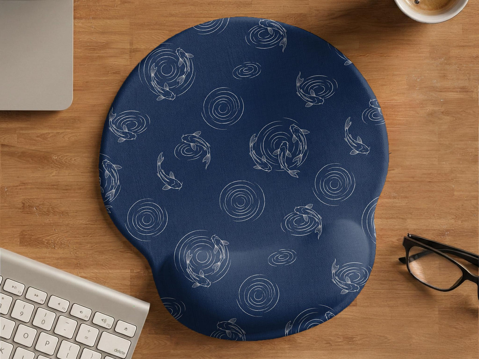Navy mousepad and wrist rest with a Japanese koi fish and ripple line-art design.