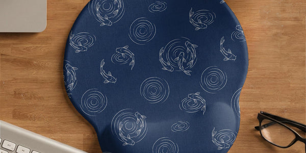 Navy mousepad and wrist rest with a Japanese koi fish and ripple line-art design.