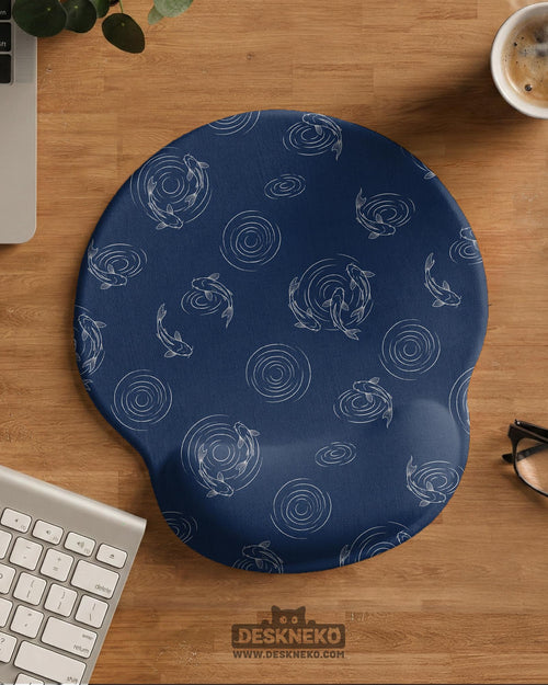 Navy mousepad and wrist rest with a Japanese koi fish and ripple line-art design.