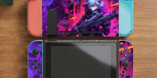 Switch carrying case with a neon wolf design in pink, purple, blue, and black on a dark background.