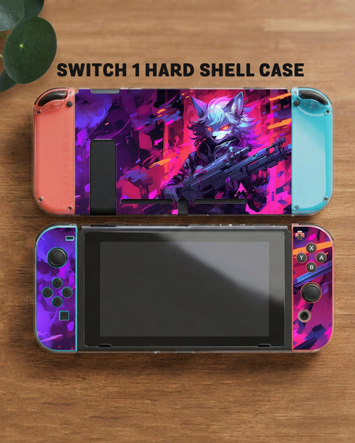 Switch carrying case with a neon wolf design in pink, purple, blue, and black on a dark background.